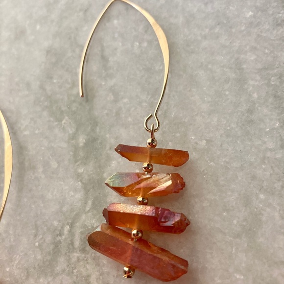 Fire Coral Quartz Stacked Dangle Gold Earrings - Picture 2 of 4